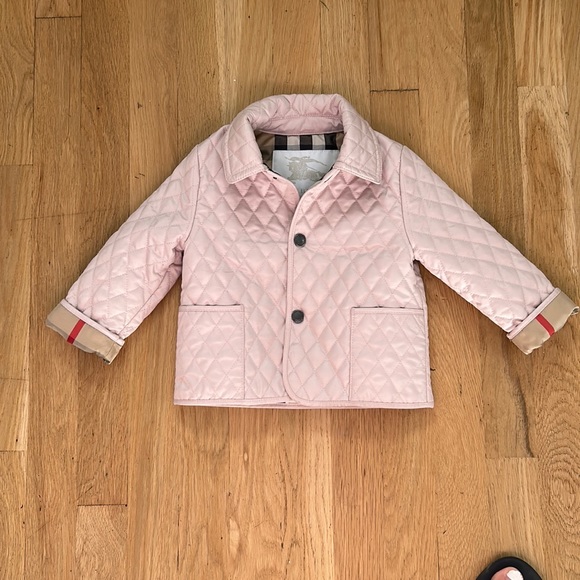 Pink Burberry quilted jacket, size 9 months